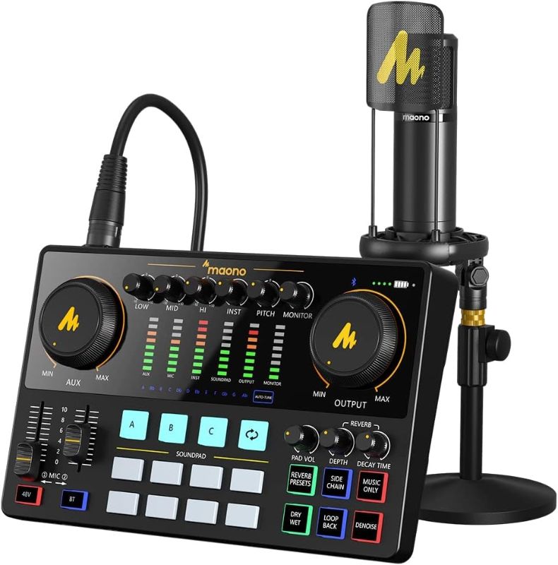 Photo 1 of MAONO Podcast Equipment Bundle with Audio Interface and XLR Condenser Microphone, MaonoCaster with 48V Phantom Power, Bluetooth for Podcast, Streaming, Voice Over, Youtube, PC, Guitar (AME2A)
