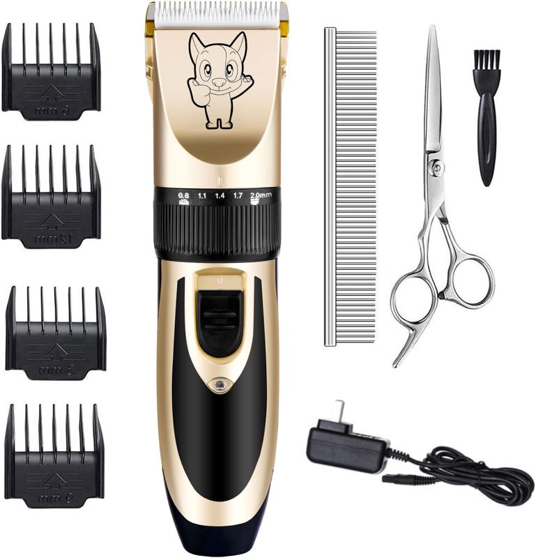 Photo 1 of Dog Grooming Kit Clippers, Low Noise, Electric Quiet, Rechargeable, Cordless, Pet Hair Thick Coats Clippers Trimmers Set, Suitable for Dogs, Cats, and Other Pets (Gold)
