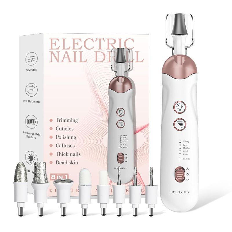 Photo 1 of Professional Manicure Pedicure Kit Nail Drill Electric Nail File Pedicure Tools for Feet 8-in-1 Toe Nail Grinder Kit for Thick Nails LED Light Nail Drill Machine Manicure Kit for Women White
