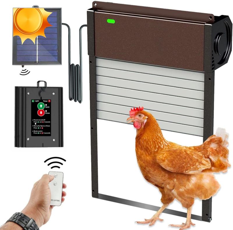 Photo 1 of Automatic Chicken Coop Door Solar - Powered Opener with Timer & Light Sensor Aluminum Chicken Coops Door with Remote Control 4 Modes Auto Coop Doors for Chicken
