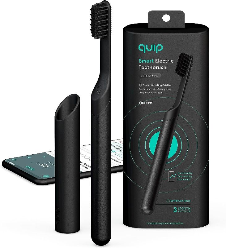 Photo 1 of Quip Adult Smart Electric Toothbrush - Sonic Toothbrush with Bluetooth & Rewards App, Travel Cover & Mirror Mount, Soft Bristles, Timer, and Metal Handle - All-Black
