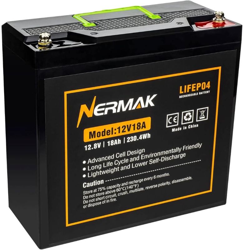 Photo 1 of NERMAK 12V 18Ah Lithium LiFePO4 Deep Cycle Battery, 2000+ Cycles Lithium Iron Phosphate Rechargeable Battery for Solar Power, UPS, Lighting, Marine, Scooters, Fish Finder and More, Built-in 20A BMS
