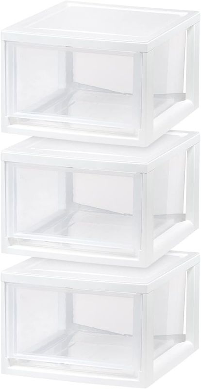 Photo 1 of IRIS  Stackable Storage Drawer, Plastic Drawer Organizer with Clear Doors for Pantry, Closet, Desk, Kitchen, Under-Sink, Home and Office De-Clutter, Shoes and Crafts - White, 3 Pack