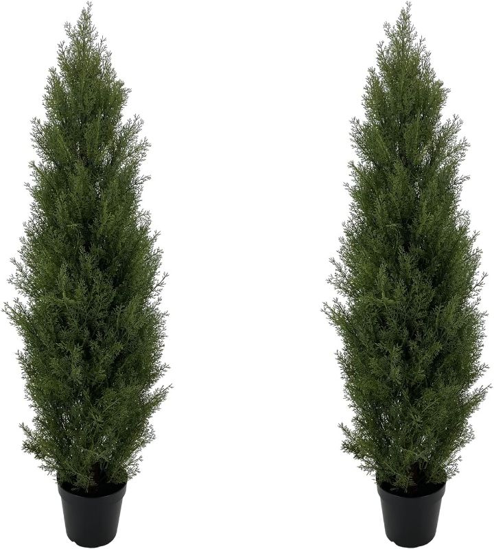 Photo 1 of SeelinnS Artificial Cedar Pine Tree Christmas Tree Artificial Topiary Cedar Trees Potted UV Rated Plant for Home Decor Indoors and Outdoors 4FT Fake Plants Tall Artificial Plants Shrubs (2 Pack)
