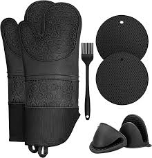 Photo 1 of Extra Long Oven Mitts and Pot Holders Sets: Heat Resistant Silicone Oven Mittens with Mini Oven Gloves and Hot Pads Potholders for Kitchen Baking Cooking, Quilted Liner, Gray, Pack of 7
