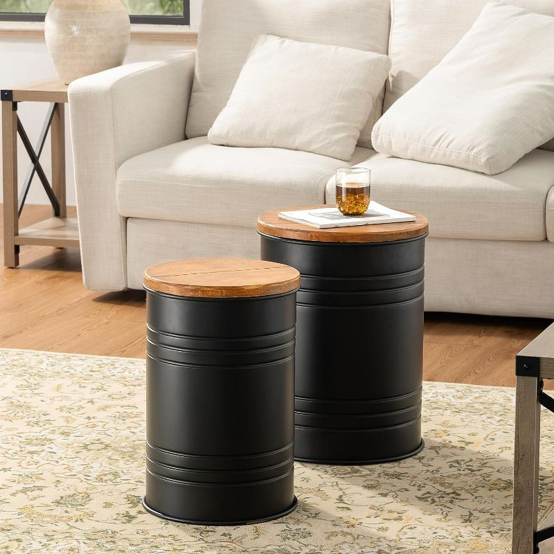 Photo 1 of glitzhome Rustic Storage Ottoman Seat Stool, Farmhouse Nesting Table, Galvanized Barrel Metal Accent End Side Table Toy Box Bin with Round Wood Lid Set of 2 for Living Room Furniture, Black
