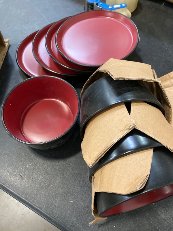 Photo 2 of Stone Lain Ally Stoneware Round Dinnerware Set, Red and Black 