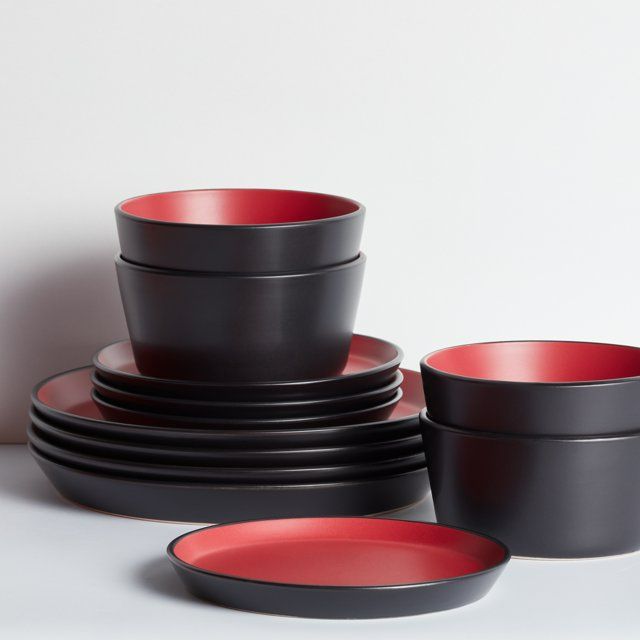 Photo 1 of Stone Lain Ally Stoneware Round Dinnerware Set, Red and Black 
