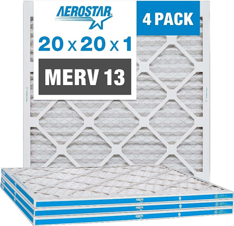 Photo 1 of Aerostar 20x20x1 MERV 13 Pleated Air Filter, AC Furnace Air Filter, 4 Pack (Actual Size: 19 3/4" x 19 3/4" x 3/4")
