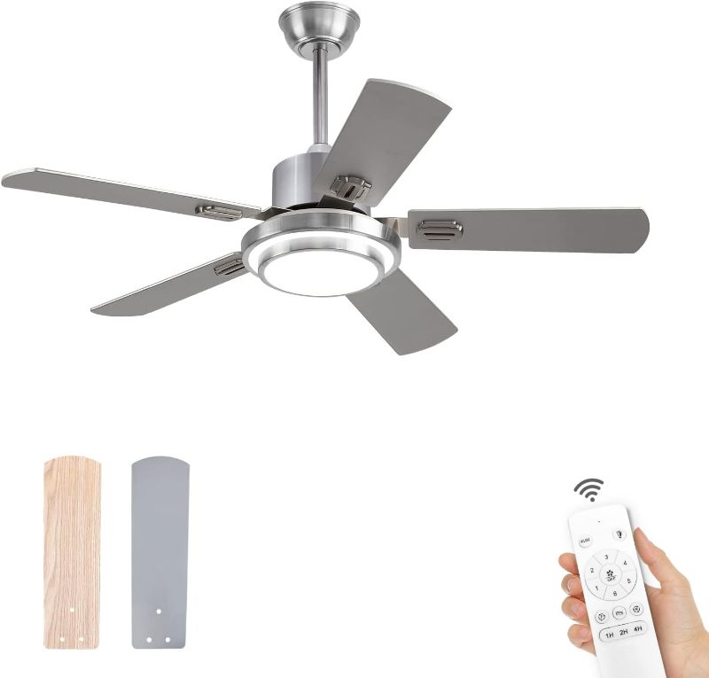 Photo 1 of BOOMJOY 42" Sliver Ceiling Fans with Lights and Remote Control Wood Modern Small Ceiling Fan for Outdoor Indoor Kids Bedroom Living room Dinning room Farmhouse Patios Outside Dual 5 Blades DC Motor
