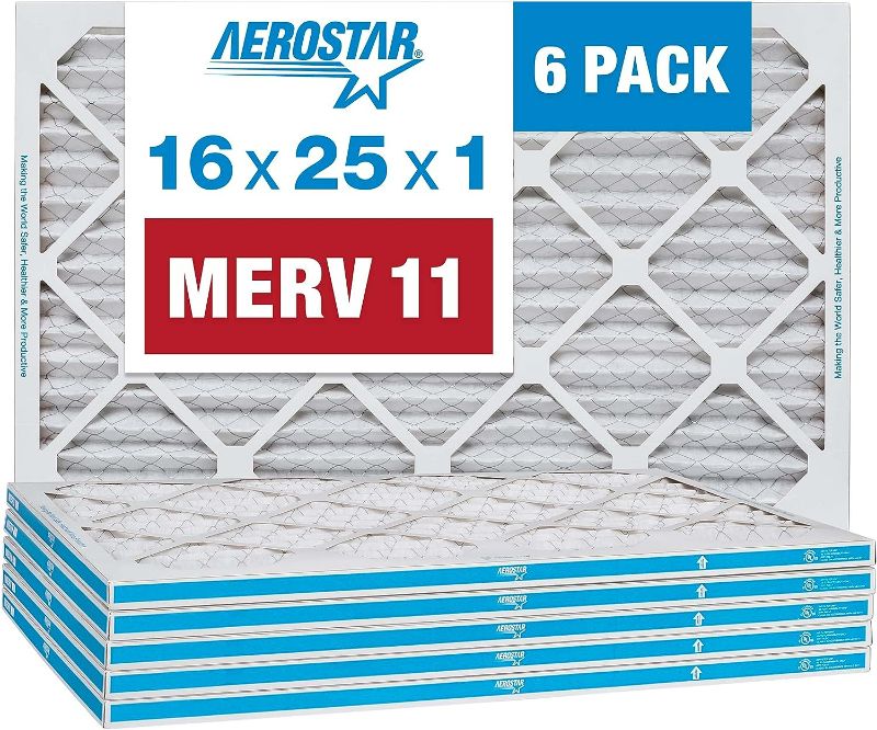 Photo 1 of Aerostar 16x25x1 MERV 11 Pleated AC Furnace Air Filter, 6 Pack (Actual Size: 15 3/4"x 24 3/4" x 3/4")
