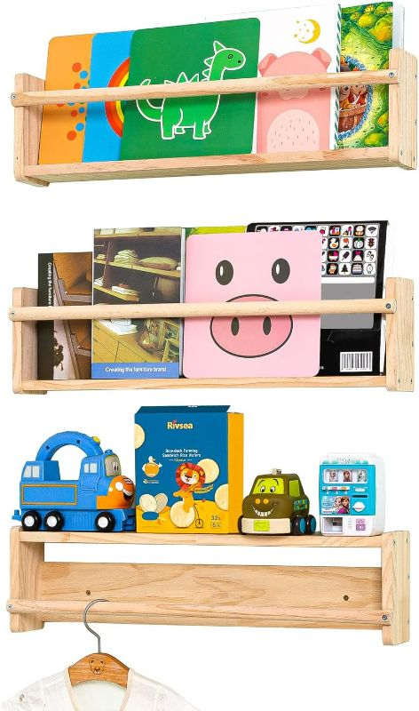 Photo 1 of MBYD Deep Walnut Wall Floating Nursery Book Shelves Solid Wood 24 Inch Wall Shelf for Books Toys Clothing Rack Decor Set of 3 Same Dimensions 24in set of 3 NATURAL COLOR 