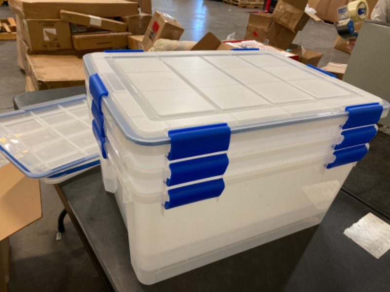 Photo 2 of IRIS USA 3 Pack 60 Quart WeatherPro Plastic Storage Box Durable Lid and Seal and Secure Latching Buckle