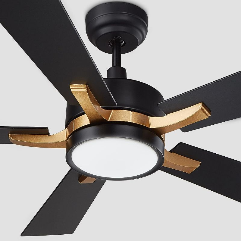 Photo 1 of SMAFAN Smart Ceiling Fan 52'' 5-Blade with Remote Control, DC Motor with 10 Speed, Dimmable LED Light Kit Included, Apex Works with Google Assistant and Amazon Alexa, Siri Shortcut (Black and Gold)
