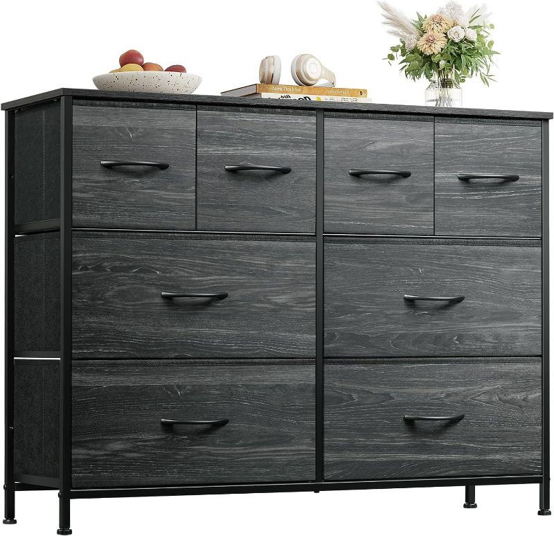 Photo 1 of WLIVE Dresser for Bedroom with 8 Drawers, Wide Fabric Dresser for Storage and Organization, Bedroom Dresser, Chest of Drawers for Living Room, Closet, Hallway, Nursery, Charcoal Black Wood Grain Print
