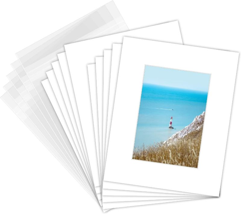 Photo 1 of Golden State Art Pack of 25 White Pre-Cut 8x10 Picture Mat for 5x7 Photo with White Core Bevel Cut Mattes Sets. Includes 25 High Premier Acid Free Mats & 25 Backing Board & 25 Clear Bags
