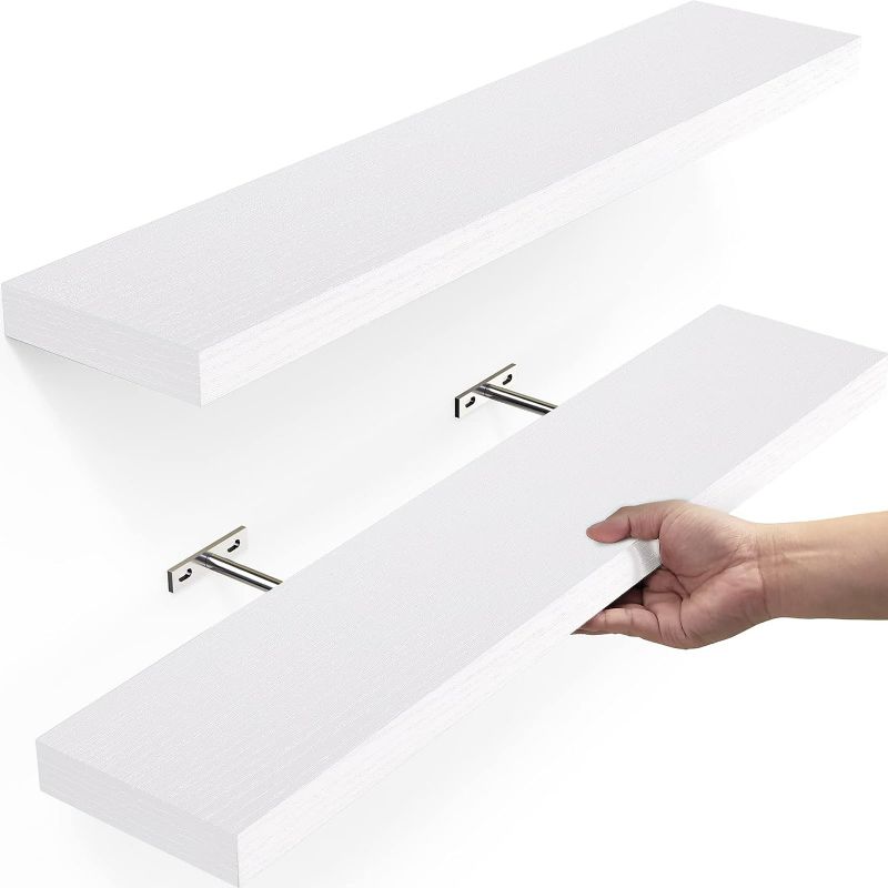 Photo 1 of OlarHike 23in Floating Shelves for Wall, Wall Mounted Rustic Wood Shelves for Bathroom, Bedroom, Living Room, Kitchen, Hanging Shelf for Books/Storage/Room Decor with 22lbs Capacity(White, Set of 2) NEW
