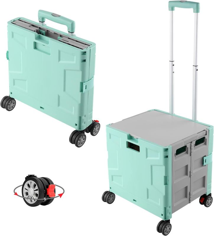 Photo 1 of Folding Utility Cart Portable Rolling Crate Handcart with Durable Heavy Duty Plastic Telescoping Handle Collapsible Hidden Lid 4 Rotate Wheels for Travel Shopping Moving Office Teacher Use(Green&Gray) NEW 
