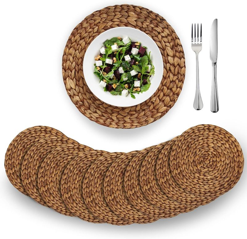 Photo 1 of 9 PACK  (14") BARIEN Brown Woven Placemats Round Set of 9, Natural Water Hyacinth Weave Placemat for Dining Table, Large Handmade Woven Placemats Heat Resistant Non-Slip (14" - Set 9)
