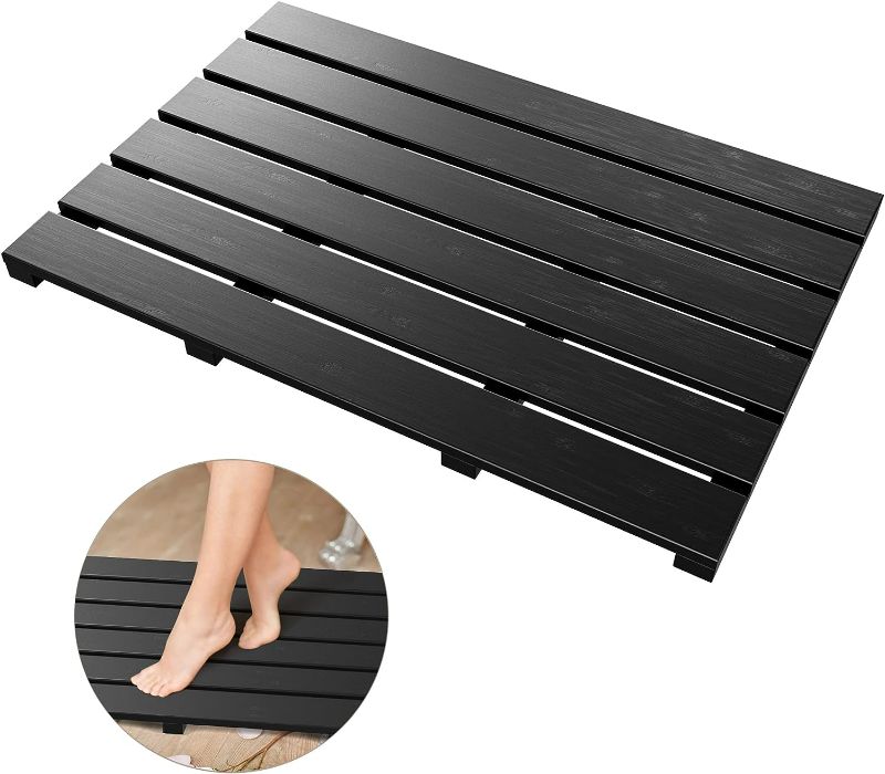 Photo 1 of Bath Mat for Bathroom Luxury Shower - Non-Slip Bamboo Wooden Waterproof Floor Mat for Indoor or Outdoor Use(Black)
