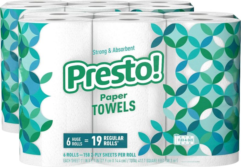 Photo 1 of Amazon Brand - Presto! Flex-a-Size Paper Towels, 158 Sheet Huge Roll, 12 Rolls (2 Packs of 6), Equivalent to 38 Regular Rolls, White
