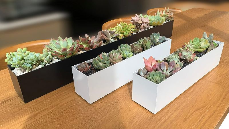 Photo 1 of PSOIRGCNH 3 Pack (1pc 32'' + 2pcs 16'') Modern Metal Trough Planter Rectangle Succulent Planter Box - Set of Windowsill Herb Planters - Decorative Table or Window Planter (1pc Black+2pcs White)
