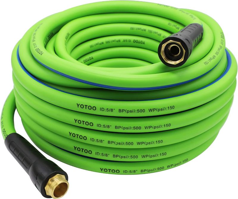 Photo 1 of YOTOO Heavy Duty Hybrid Garden Water Hose 5/8-Inch, 150 PSI Kink Resistant, Flexible with Swivel Grip Handle and 3/4" GHT Solid Brass Fittings, Green+Blue
