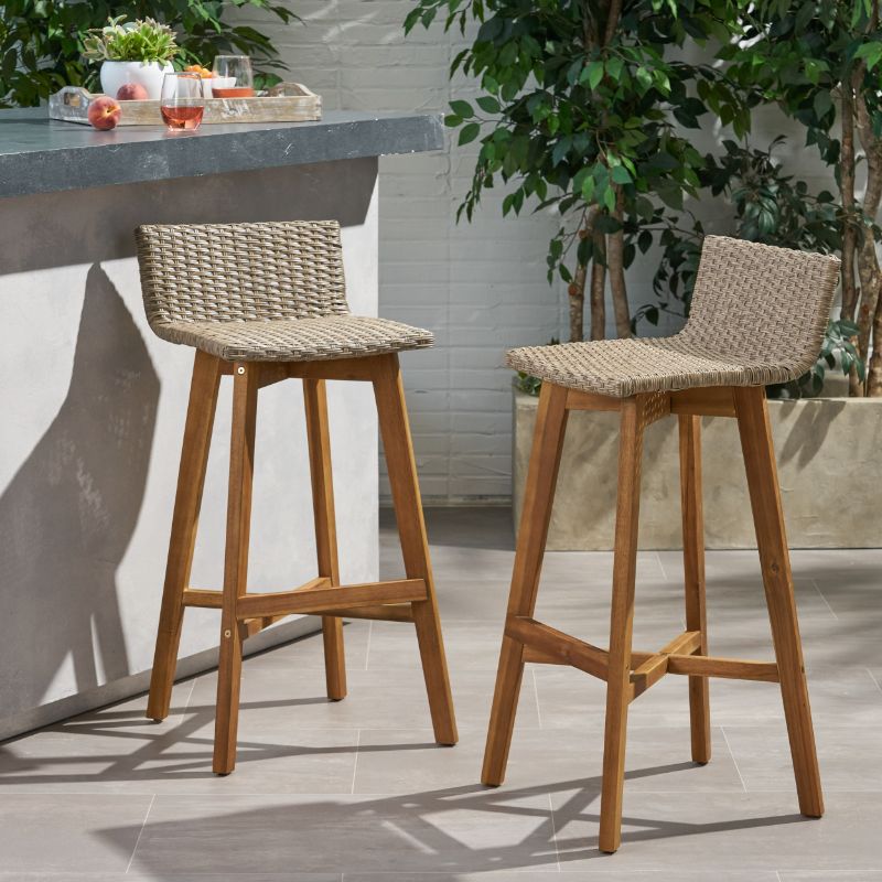Photo 1 of Outdoor Acacia Wood & Wicker Barstools, Set of 2, Light Brown and Teak