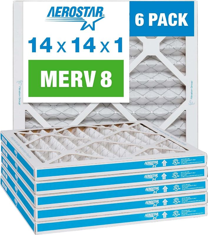 Photo 1 of Aerostar 14x14x1 MERV 8 Pleated Air Filter, AC Furnace Air Filter, 6 Pack (Actual Size: 13 3/4"x13 3/4"x3/4") NEW
