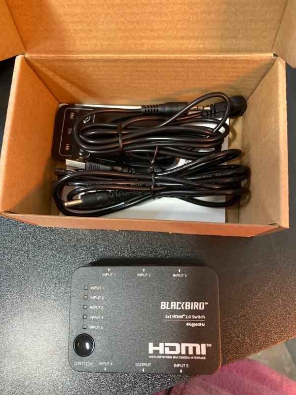 Photo 2 of Monoprice Blackbird 4K 5x1 HDMI 2.0 Switch, HDR, HDR10, 18G, HDCP 2.2, Dolby Vision, 4K@60Hz, Hybrid Log-Gamma, 5 Inputs 1 Output, With IR Controler