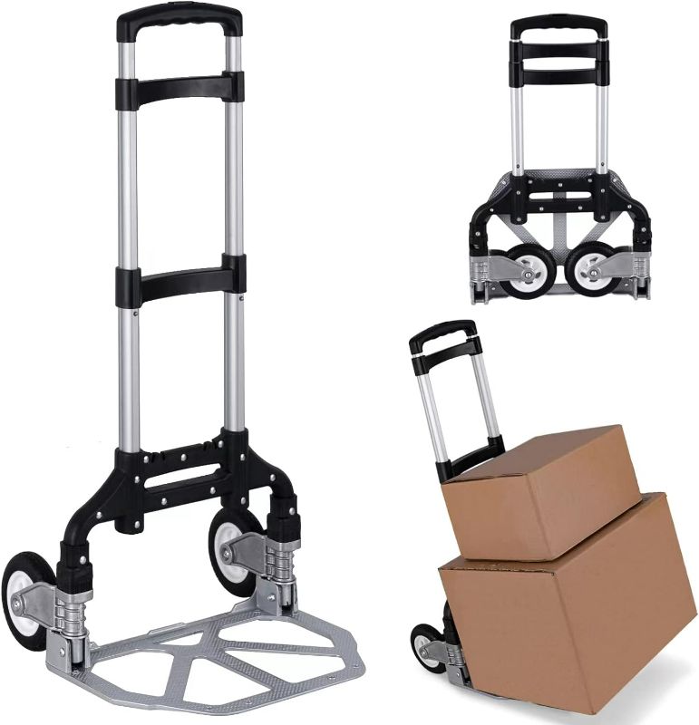 Photo 1 of Folding Hand Truck Portable Foldable Dolly Cart Aluminum Dolly Cart Trolley Cart Black MAX Load 180 lbs, with Black Bungee Cord, Telescoping Handle,Solid Aluminium Wheel suspensions, Double Bearings
