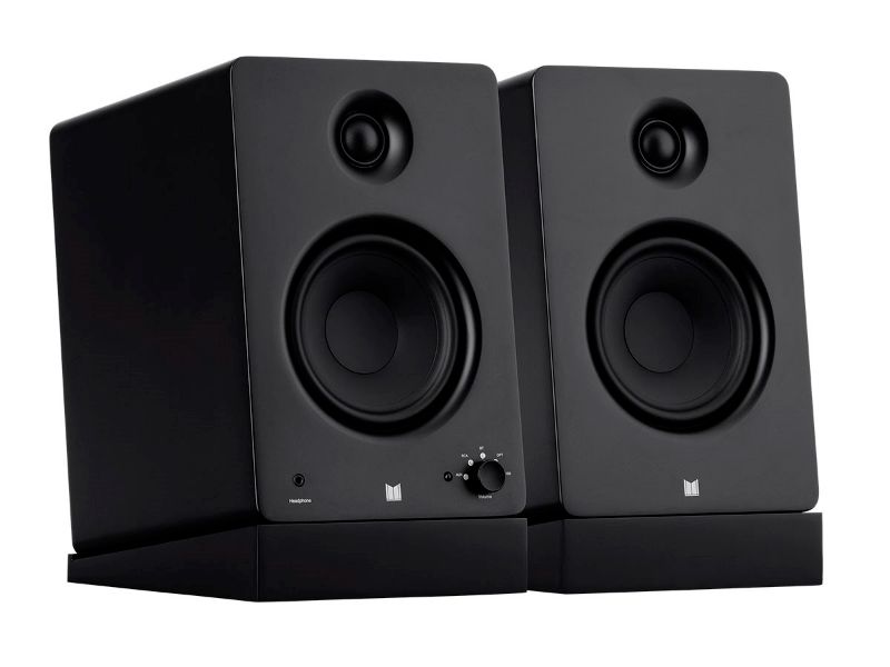 Photo 1 of Monolith by Monoprice MM-5 Powered Multimedia Speakers with Bluetooth with Qualcomm aptX HD Audio, USB DAC, Optical Inputs, Subwoofer Output and Remote Control (Pair), Black

