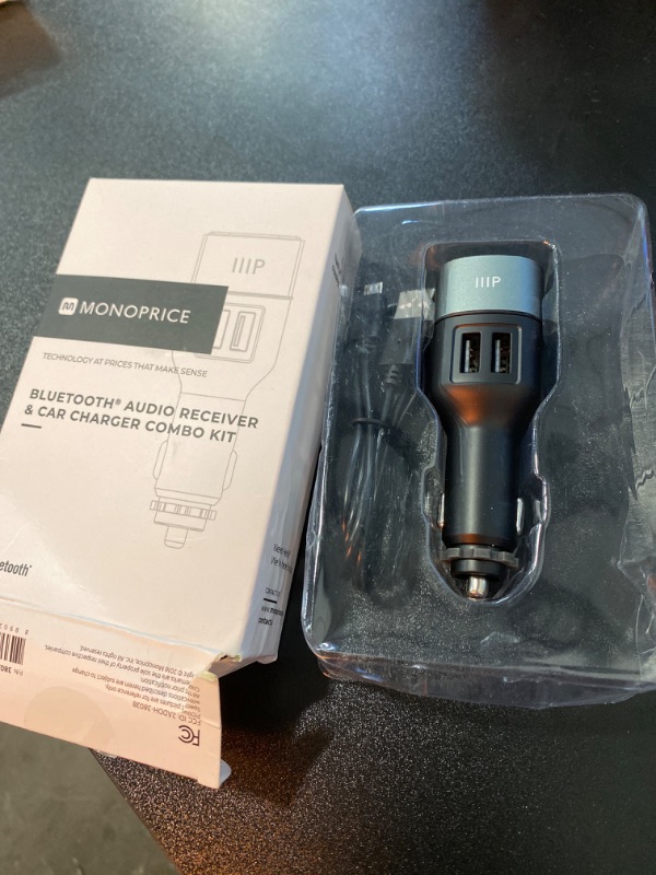 Photo 2 of Monoprice Bluetooth Audio Receiver And Car Charger Combo Kit With Built in Microphone, Hands Free Calling, Dual 2.4A USB Port Car Charger