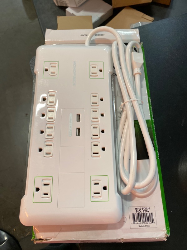Photo 2 of Monoprice Power & Surge - 12 Outlet Surge Protector Power Strip With 2 Built In 2.1A USB Charger Ports - 6 Feet - White | Cord UL Rated, 3,420 Joules With Grounded And Protected Light Indicator