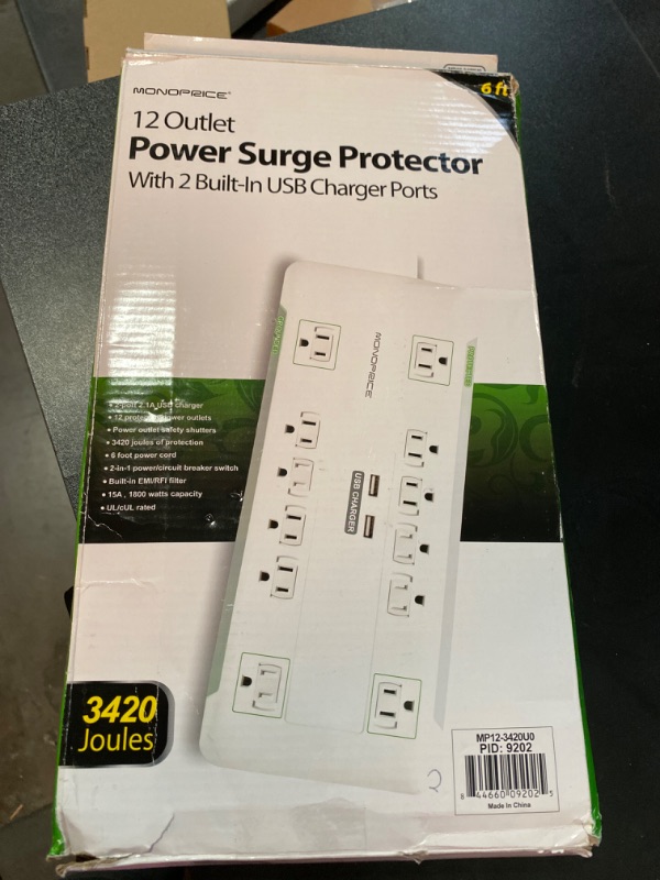Photo 3 of Monoprice Power & Surge - 12 Outlet Surge Protector Power Strip With 2 Built In 2.1A USB Charger Ports - 6 Feet - White | Cord UL Rated, 3,420 Joules With Grounded And Protected Light Indicator