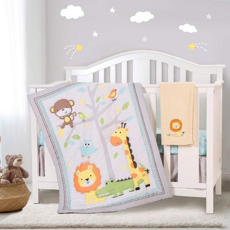 Photo 1 of Honkaii 4Pcs Crib Bedding Sets for Boy, Zoo Baby Bedding Sets Neutral with Comforter Fitted Sheet Crib Skirt Blanket, Machine Washable, Suitable for 28 x 52 Inch Cribs,Nursery Bedding Set (Gray)
