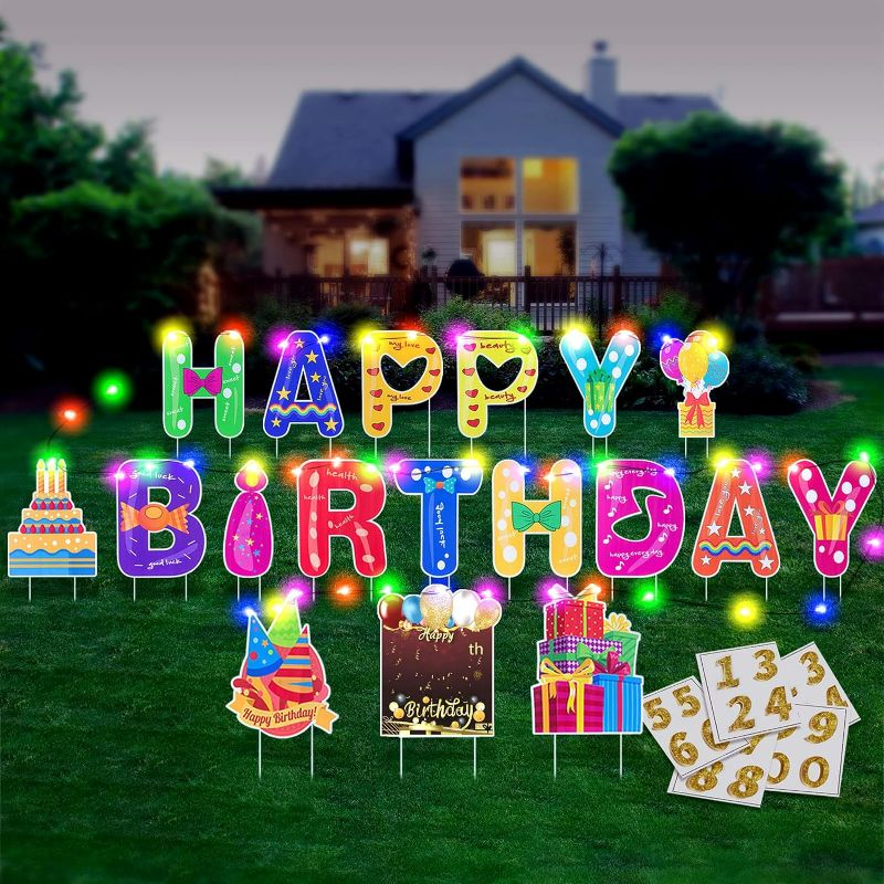 Photo 1 of HOMENOTE 18Pcs Happy Birthday Yard Signs with Stakes, 2 x 5m LED Lights and Personalized Signs, 16” Large Size - Birthday Letters Signs for Yard Lawn Outdoor Birthday Decoration Party Supplies
