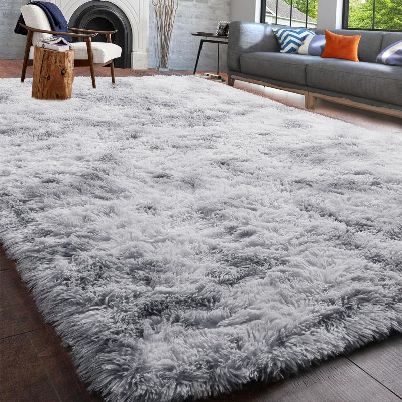 Photo 1 of PAGISOFE Abstract Shaggy Area Rug, 4x6, Plush Soft Fluffy Fuzzy Furry Carpet for Living Room, Dorm, Tie-Dyed Light Grey for Bedroom, Nursery, Grils, Boys, Kids Room
