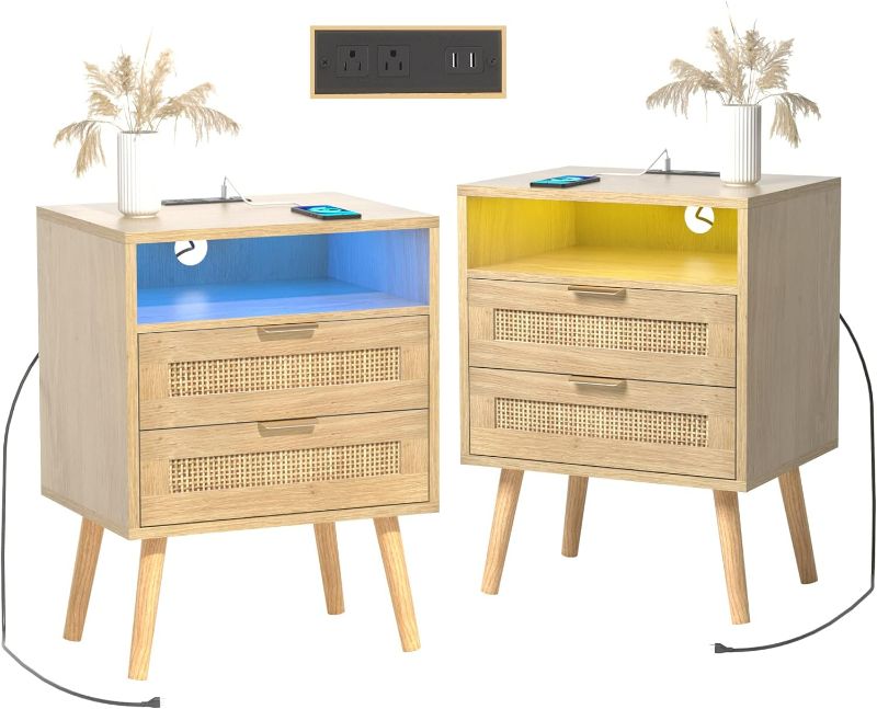 Photo 1 of Rattan Nightstands Set of 2 with Charging Station and Led Lights, Boho Nightstand with 2 Drawers, Bedside Tables Night Stands for Bedrooms Set of 2, Side End Tables Living Room Set of 2 (2 Pack)