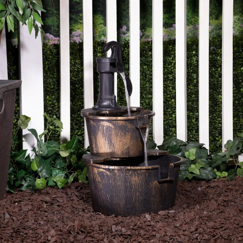 Photo 1 of Alpine Corporation TIZ194BZ Outdoor Floor Rustic 2-Tiered Barrel and Pump Water Fountain, Old-Fashioned Fountain, Bronze
