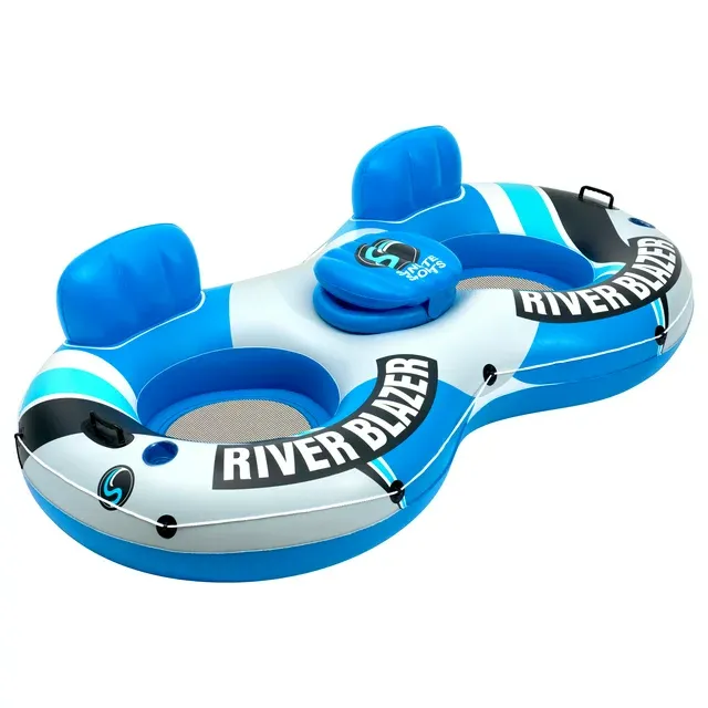 Photo 1 of River Cruiser 2-Person River Raft Heavy Duty Inflatable, Water Float To Lounge Above Lake and River, Outdoor Water Tube Sport Fun, Recreational Use, Two Grip Handles, Cup Holder, Grab Rope