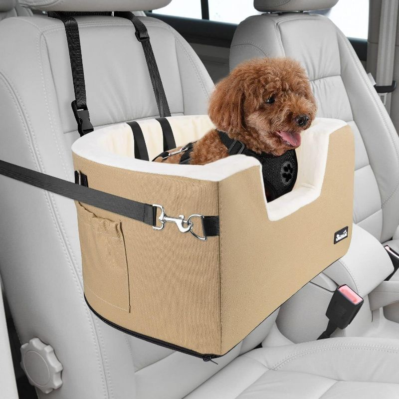Photo 1 of SlowTon Dog Car Seat for Small Dog, Elevated Lookout Booster Seat with Cushion and Safety Belt, Cover Removable Washable, Supports Pets Up to 18lbs(Brown)

