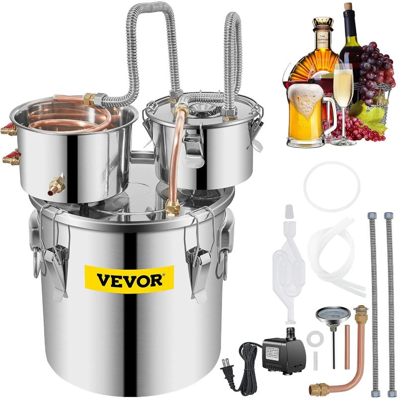 Photo 1 of VEVOR Alcohol Still, 3 Gallon, Stainless Steel Alcohol Distiller with Copper Tube & Build-in Thermometer & Water Pump, Double Thumper Keg Home Brewing Kit, for DIY Whiskey Wine Brandy
