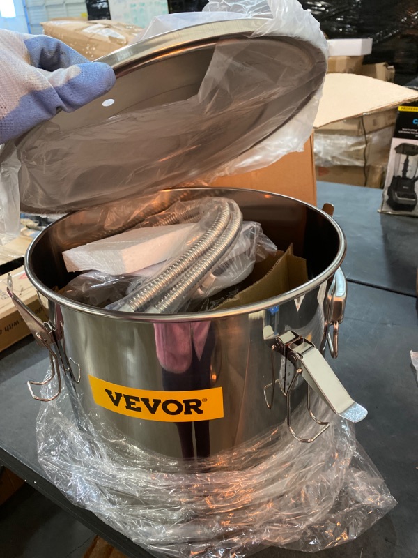 Photo 1 of VEVOR Alcohol Still, 3 Gallon, Stainless Steel Alcohol Distiller with Copper Tube & Build-in Thermometer & Water Pump, Double Thumper Keg Home Brewing Kit, for DIY Whiskey Wine Brandy
