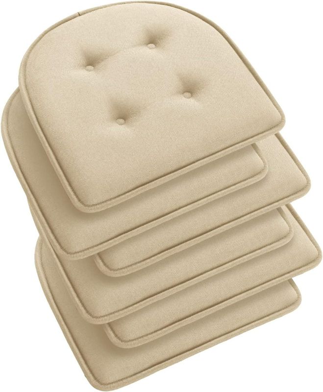 Photo 1 of downluxe Indoor Memory Foam Chair Cushions for Dining Chairs, Non-Slip Kitchen Chair Pads Tufted for Kitchen Table and Office Chairs, U-Shaped, 17" x 16" x 1.5", Khaki, 6 Pack
