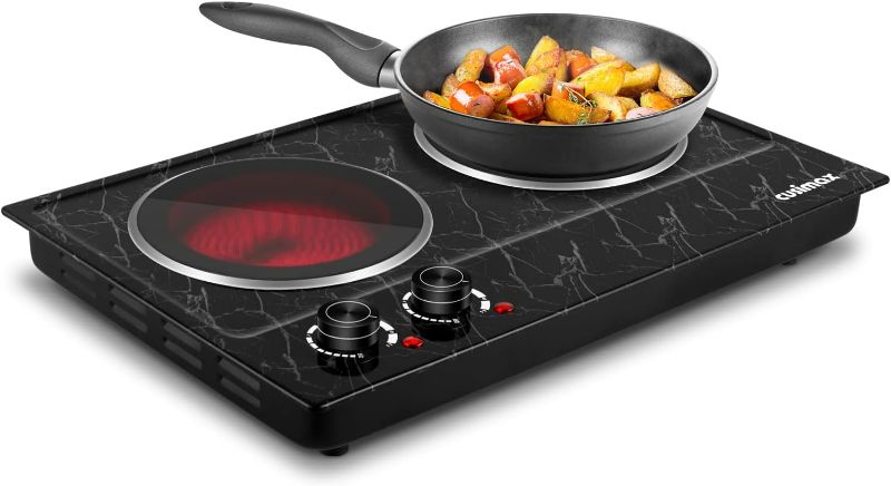 Photo 1 of Hot Plate, CUSIMAX Double Burner Hot Plate for Cooking, 1800W Dual Control Portable Stove Countertop Electric Burner Infrared Cooktop, Stainless Steel Black Marble
