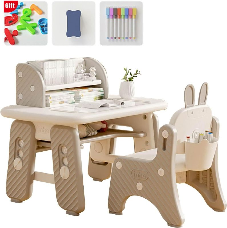 Photo 1 of Kids Functional Desk and Chair Set with Storage Space,Adjustable Height, Ergonomic,Easy to Wipe Graffiti Table and Chairs for Children Reading,Drawing,Eating,Studying,Parent-Child Interaction
