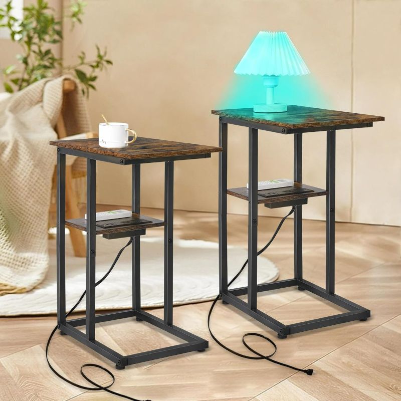 Photo 1 of Side Table with Charging Station Set of 2 - Small C Table Narrow End Table with Metal Frame for Living Room Bedroom Small Spaces (Rustic Brown)