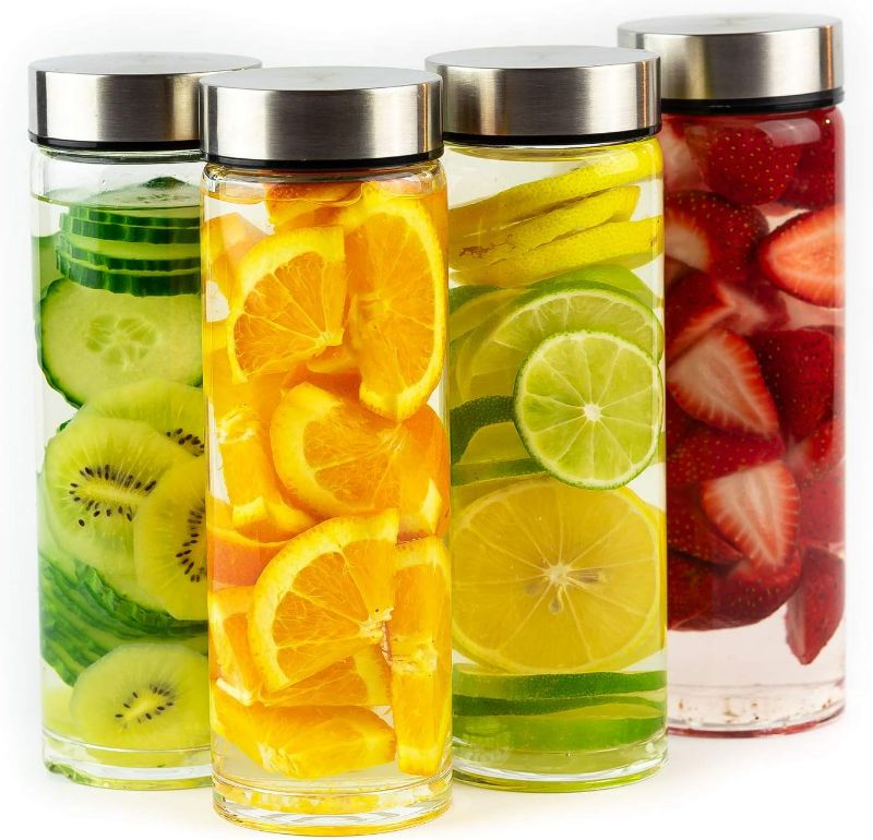 Photo 1 of Juice Bottles - 4 Pack Wide Mouth Glass Bottles with Lids - for Juicing, Smoothies, Infused Water, Beverage Storage - 16oz, BPA Free, Stainless Steel Lids, Leakproof, Reusable, Borosilicate
