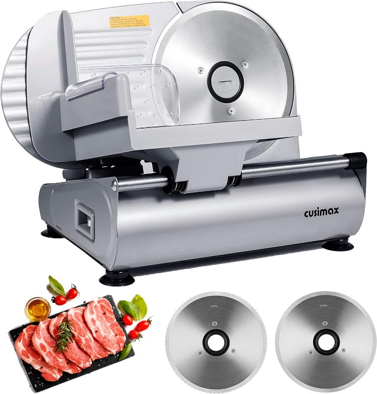 Photo 1 of Meat Slicer, CUSIMAX Electric Deli Food Slicer with Two 7.5'Removable Stainless Steel Blades and Pusher, Cheese Fruit Vegetable Bread Cutter, Adjustable Knob for Thickness, Food Carriage

